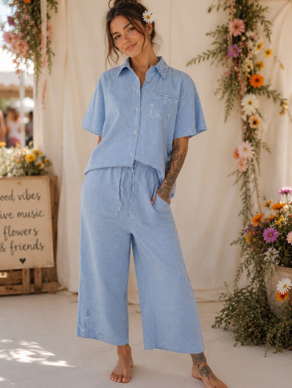 70's New Look💙VINTAGE HIGH-STREET FASHION Blue/White SEERSUCKER/GINGHAM 2-Pc XL